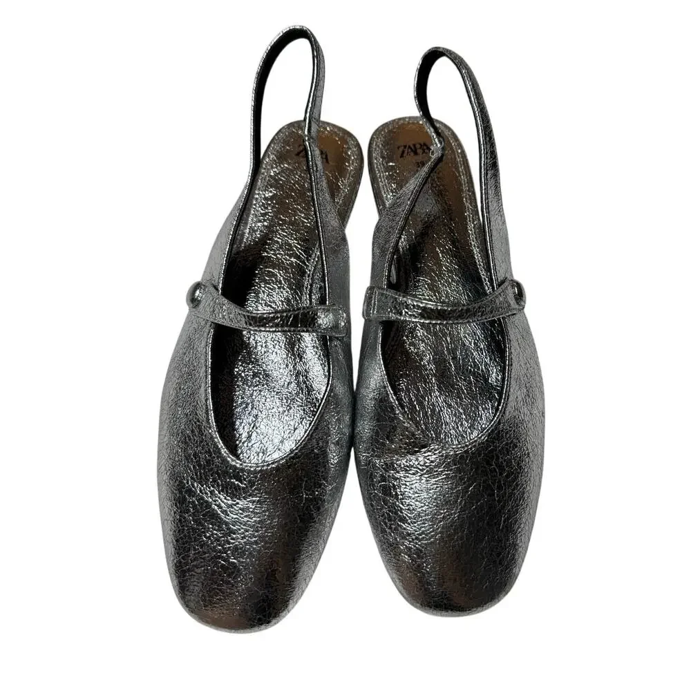 Zara Silver Metallic Mary Jane Slingback Ballet Flats Size 39/8 - Picture 3 of 12